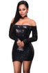 Glittering Black Long Sleeve Off Shoulder Club Dress
